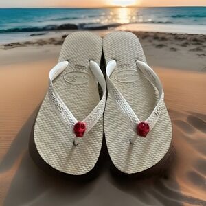 Havaianas Flip flop White With Red Skull Charm Crystal‎ Eyes Eur 37